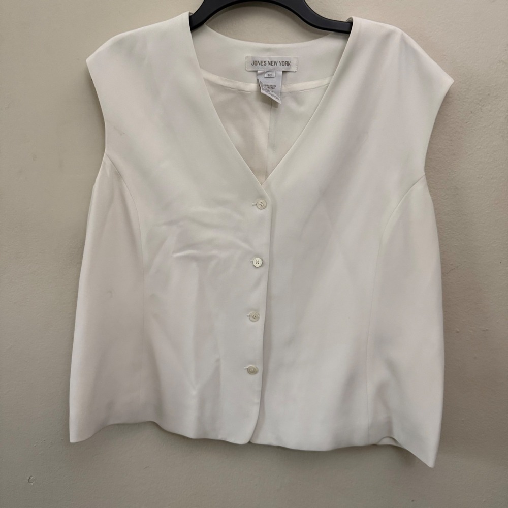 Jones New York Ivory V-Neck Button Front Vest Sleeveless Blouse Size 16